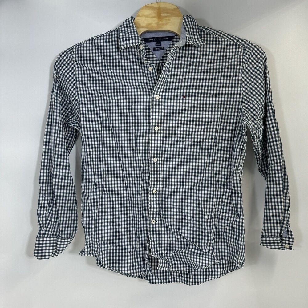Tommy Hilfiger Mens Classic Fit Gingham Button Down Shirt Navy Blue White Large
